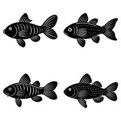 Fototapeta premium Illustration of four stylized black and white fish with different patterns and fin shapes swimming around
