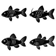 Fototapeta premium Illustration of four black fish with fins and tails in varying designs on a white background