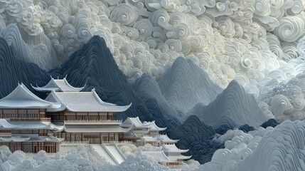 White temple amidst swirling clouds, mountains