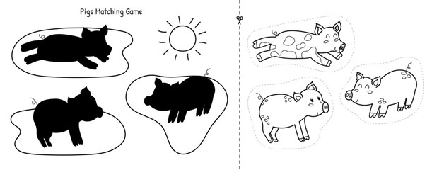 Cut and glue game with cute pigs in the mud in outline. Black and white educational activity page for kids. Farm matching game for school and preschool. Vector illustration