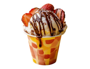 Strawberry and chocolate ice cream sundae in a colorful cup, isolated on transparent background