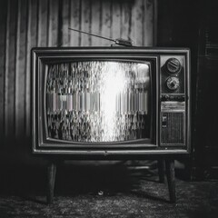Static TV screen, abandoned building, grunge background, nostalgic media