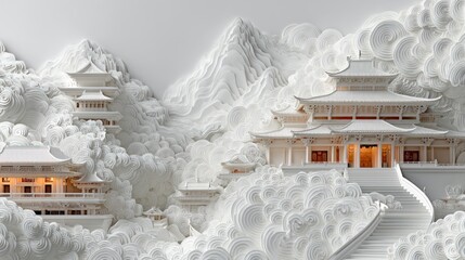 White paper-cut Asian temple scene