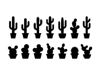 Collection of various cactus silhouettes in pots isolated on white background silhouette