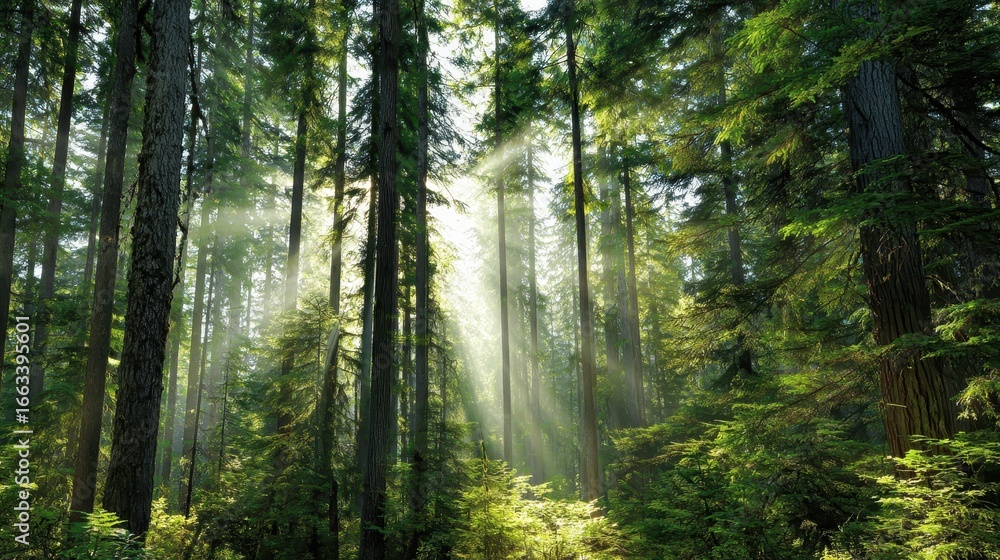 Poster sunlight filtering through tall trees in a tranquil forest during the morning hours