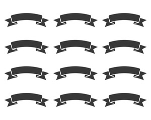 Collection of twelve curved ribbon banners in a grid silhouette isolated on white background