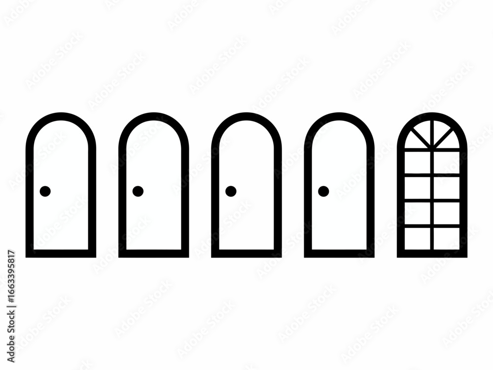 Poster collection of arched doorways and a window with grid pattern silhouette isolated on white background