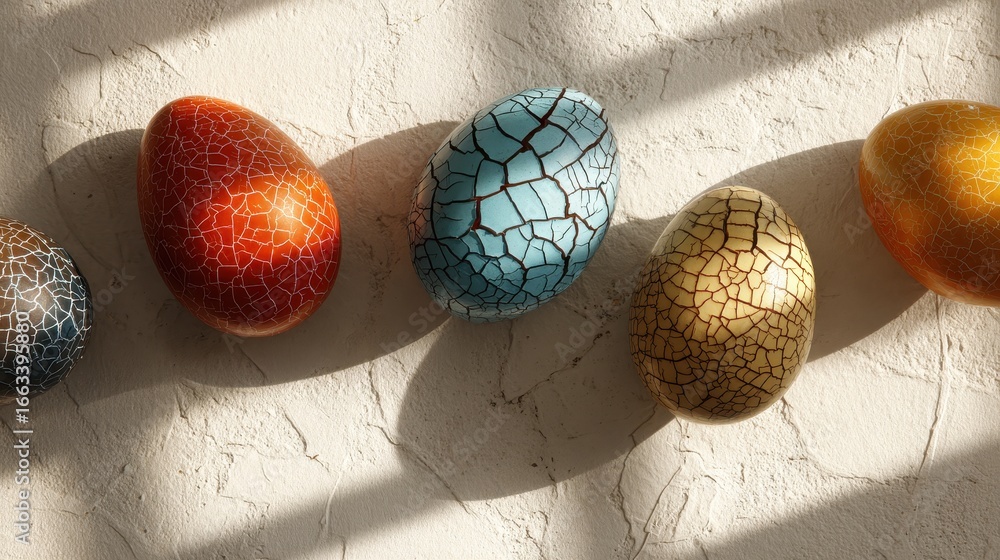 Poster colorful decorative eggs arranged on a textured surface with shadows creating a dynamic effect