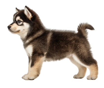 Siberian husky puppy standing and looking forward isolated on transparent background