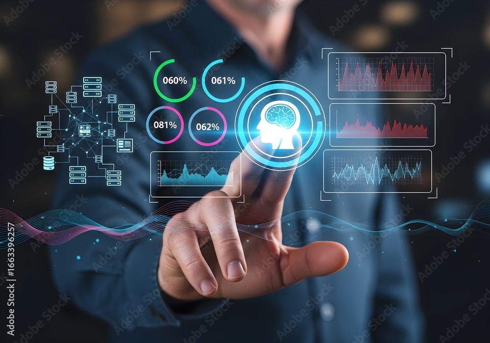 Poster photo of man touching a futuristic ai interface with data analytics and charts