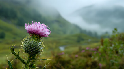A solitary purple thistle blooms against a misty mountain landscape in scotland