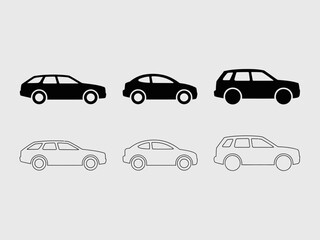 Collection of six car silhouettes in black and white outlines isolated on white background