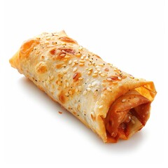 Golden-brown, rolled pastry filled with savory ingredients, topped with seeds