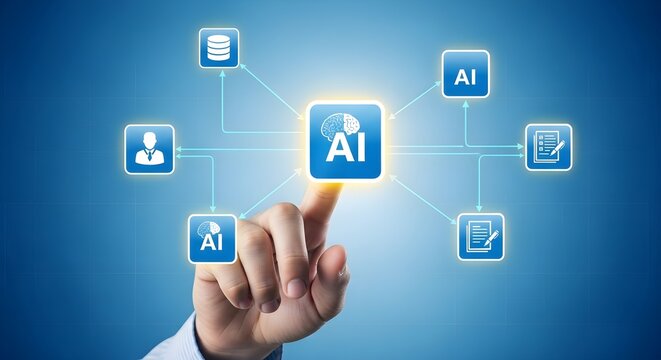 Photo of hand touching a screen with ai icons and connections