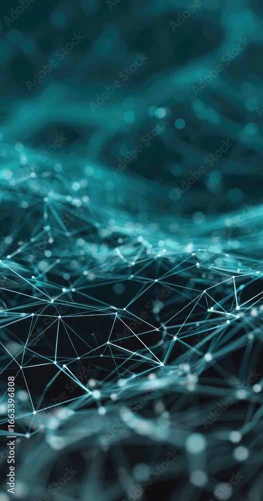 Aufkleber teal, abstract digital landscape of interconnected nodes and glowing particles forming undulating wa