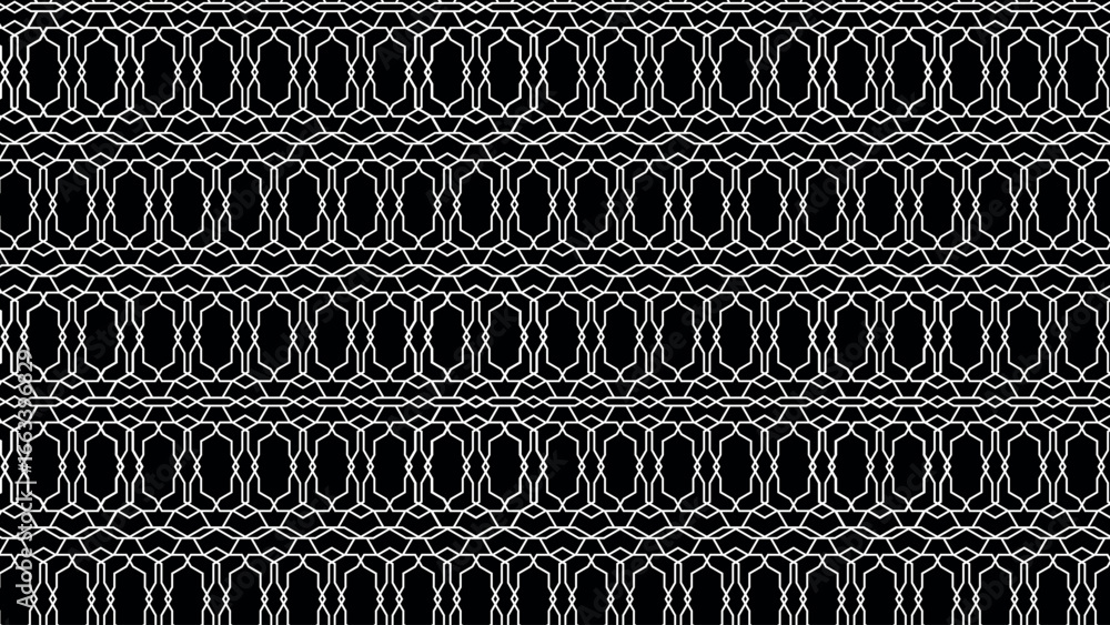 Poster abstract seamless vector tile design with black background and white geometric line pattern, orienta