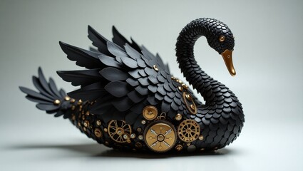 Naklejka premium Intricate steampunk black swan sculpture with gears and clockwork details