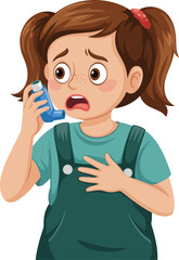 Cartoon girl using inhaler during asthma attack, breathing difficulty illustration, childhood respiratory health care, medical emergency, allergy relief, inhaler treatment support