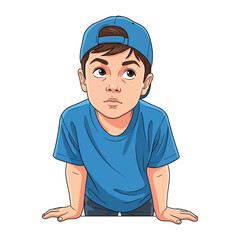 Dreamy Contemplation: A young boy, adorned in a cap and t-shirt, gazes upwards with a look of thoughtful pondering. This image illustrates a moment of curiosity, curiosity.
