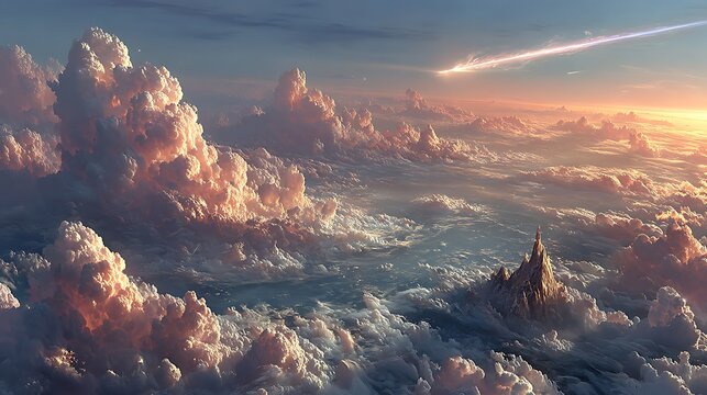 Majestic mountain peak emerging from ethereal clouds at sunset image