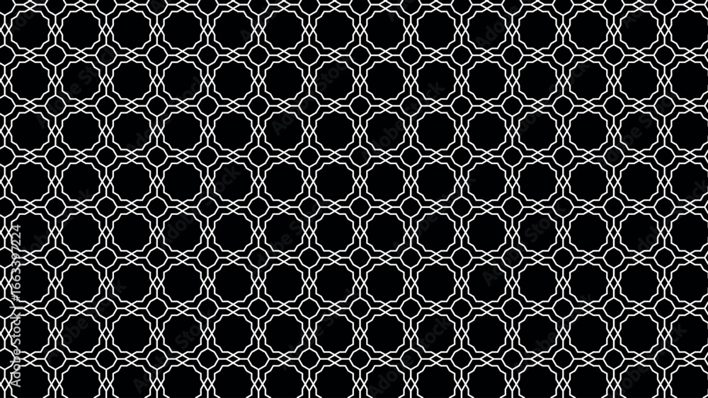 Poster abstract seamless vector tile design with black background and white geometric line pattern, orienta