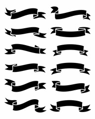 Collection of black ribbon banners in silhouette style isolated on white background