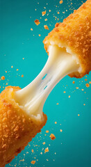 Stretching Mozzarella Stick on Blue Background