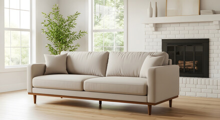 Modern beige sofa with wooden legs in a sunlit living room with a white brick fireplace