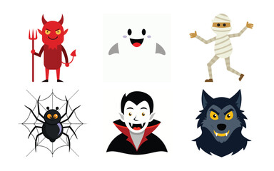 Obraz premium Vector art of halloween character icons including a devil with pitchfork, ghost face, mummy, spider on web, vampire, and werewolf head