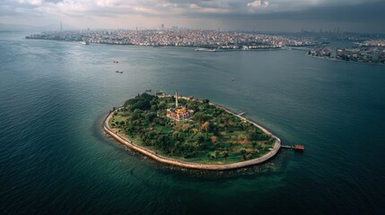 Island with historical building surrounded by water in Istanbul during cloudy afternoon