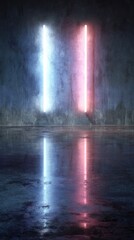 Two vertical neon lights, one blue, one pink, illuminate a dark, textured concrete wall and reflective floor, creating vibrant light and shadow
