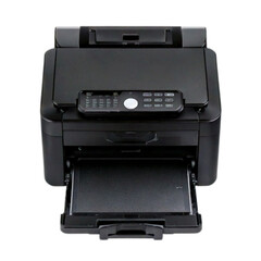 Compact Black Laser Printer Top View with Open Paper Feeder, isolated