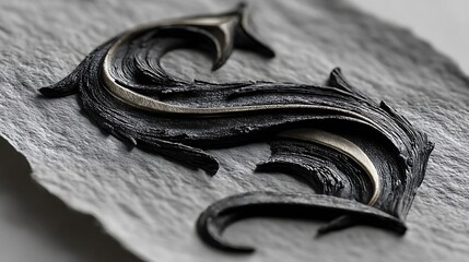 Ornate black and silver emblem on textured grey surface logo abstract
