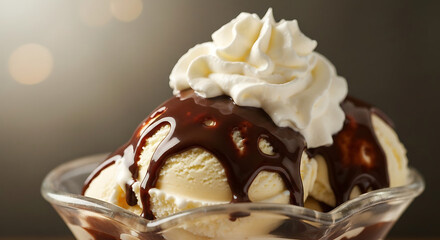 Vanilla Ice Cream Sundae with Chocolate Sauce and Whipped Cream