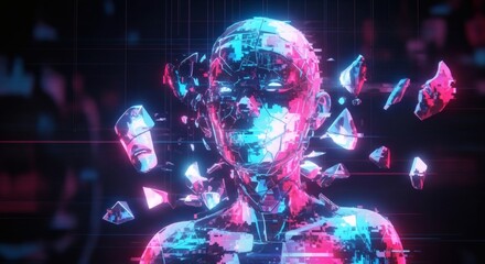 Broken Digital Statue with Retro Glitch Effect in Neon Blue and Pink