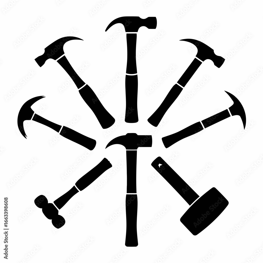 Poster collection of diverse hammers arranged in a circular pattern silhouette isolated on white background