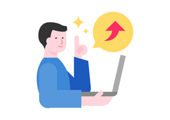 ノートパソコンを使う男性と矢印のイラスト	