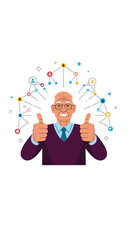 Older man giving two thumbs up with abstract dots and lines floating around his head showing positive vibes and connection
