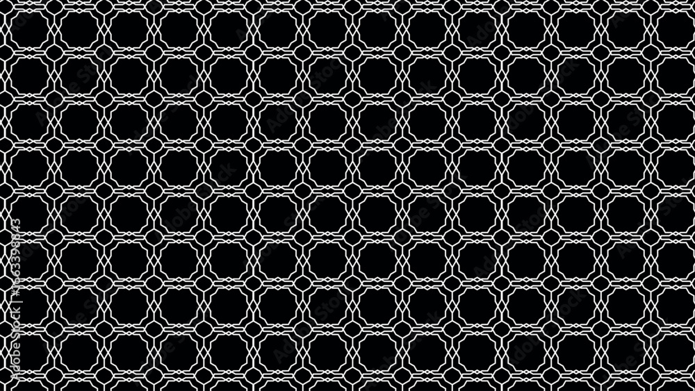 Poster abstract seamless vector tile design with black background and white geometric line pattern, orienta