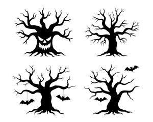 Four spooky halloween tree silhouettes with bats isolated on white background