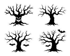 Four spooky halloween trees with bats and a jack o lantern face silhouette isolated on white background