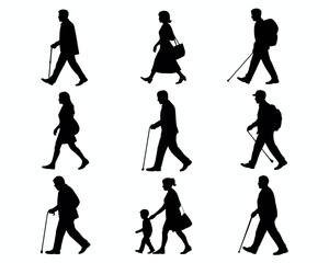 Collection of diverse people walking with canes and backpacks silhouette isolated on white background
