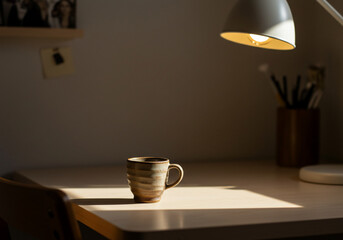 A ceramic mug sits on a desk illuminated by a warm lamp light, casting a rectangular shadow.
