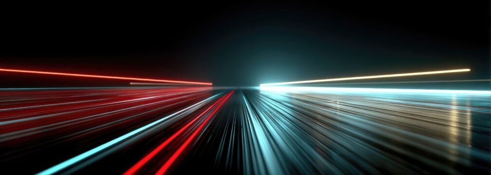 Fast-moving, colorful light trails on a dark highway