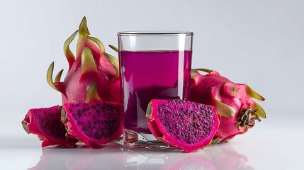 A glass of dragon fruit juice with whole and sliced dragon fruits on a white surface studio shot