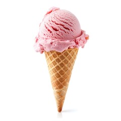 Pink ice cream scoop in waffle cone against white (1)