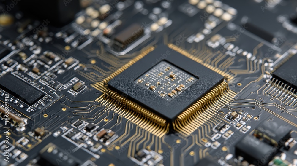 Poster close-up view of a microprocessor on a circuit board with intricate details and connections