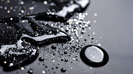 A macro shot showcases glossy black liquid interspersed with numerous tiny, reflective silver glitter particles, creating a sparkling and textured abstract surface. Ideal for cosmetic or artistic conc