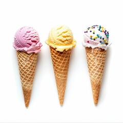 Three ice cream cones, showcasing scoops of various colors, sit in a row against a plain white backdrop