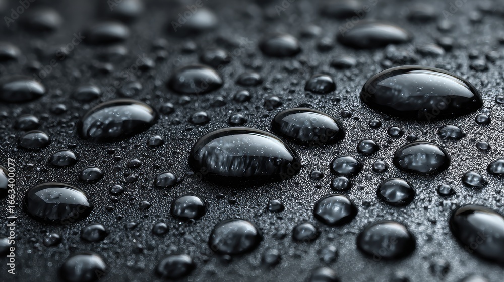 Poster close-up of water droplets on a dark surface showing intricate details and patterns